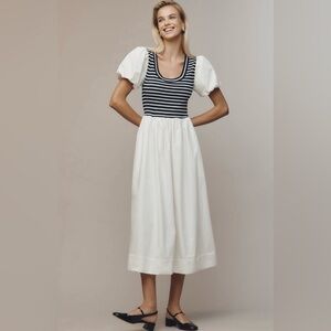 Anthropologie Puffed-Sleeve Striped Poplin Midi Dress in Black/White Pattern